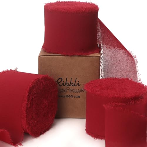 Dark Red Ribbon 1.5 Inch x 3 Rolls Total 25 Yards Handmade Fringe Chiffon Silk Ribbon for Wrapping Wedding Invitations Bridal Bouquets DIY Crafts Home Decor (3 Count)