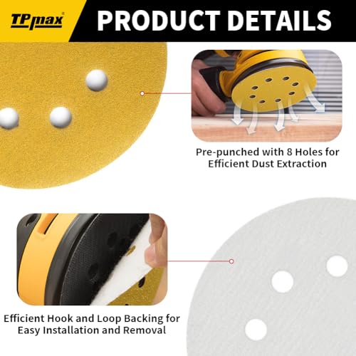 100PCS 5 Inch 320 Grit 125mm 8 Hole Sanding Discs Sandpaper (100 Count)