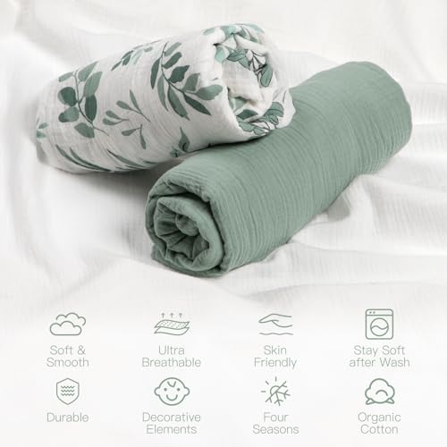 Organic Crib Sheets Fitted Crib Mattress Sheet 2 Pack 52x28 Inches 100% Muslin Cotton for Baby Girls & Boys (2 Count)