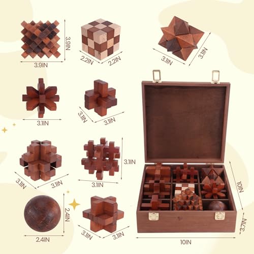 Wooden Brain Teaser Puzzles for Adults Teens (9 Count)