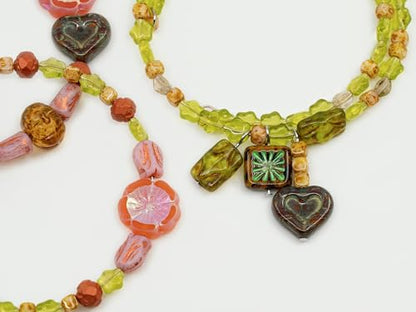 1.4oz (40g) Limited Mix of Czech Glass Beads, Hand Made Set Kit, Green Star Beads Pink Table Cut Hawaii Flower Beads