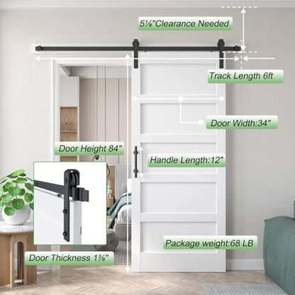 34x84 inch White Barn Door with 6 FT Sliding Door Hardware Kit Included & Handle