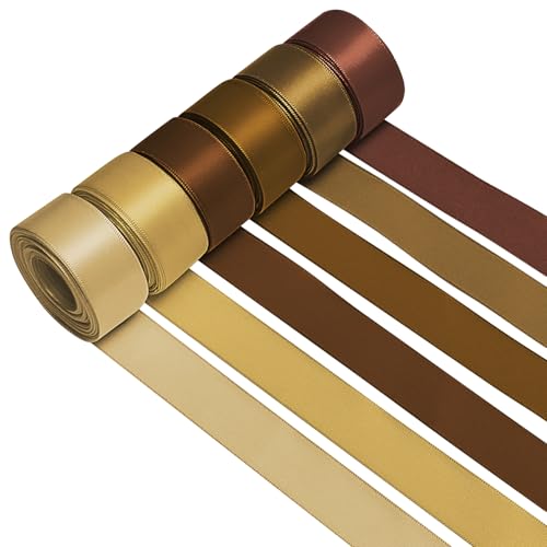 1-1/2 Inch Single-Faced Brown Satin Ribbons for Crafts Gift Wrapping Wedding | 6 Rolls Assorted Ribbons for Flower Bouquet Invitations Bridal Shower Hair Bows Garland Party Decor