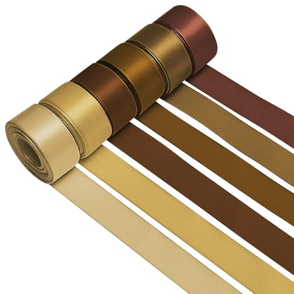 1-1/2 Inch Single-Faced Brown Satin Ribbons for Crafts Gift Wrapping Wedding | 6 Rolls Assorted Ribbons for Flower Bouquet Invitations Bridal Shower Hair Bows Garland Party Decor