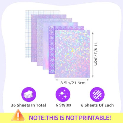 36 Sheets Holographic Sticker Paper Clear Self Adhesive Laminate Sheets (36 Count)