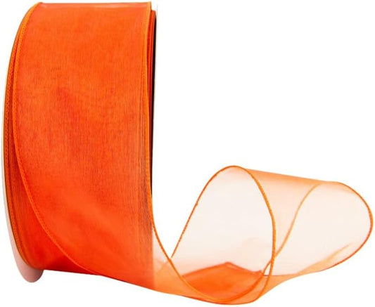 Ribbon Bazaar Sheer Organza Wired Ribbon - 100% Polyester Wire Edged Ribbon for Floral Decor, Table Arrangements, Apparel Embellishment & More - 2-1/2" Orange 50yd - Crafty Corner