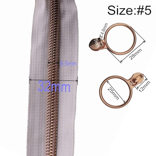 5 Rose Gold Metallic Teeth Nylon Coil Zippers by The Yard Bulk 10 Yards White Zipper Tape with 25pcs Rose Gold Ring Pull Sliders for DIY Sewing Tailor Craft Bag