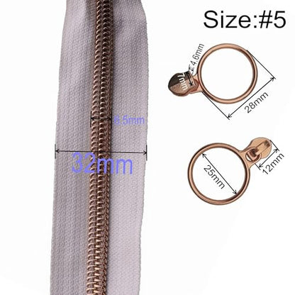 5 Rose Gold Metallic Teeth Nylon Coil Zippers by The Yard Bulk 10 Yards White Zipper Tape with 25pcs Rose Gold Ring Pull Sliders for DIY Sewing Tailor Craft Bag