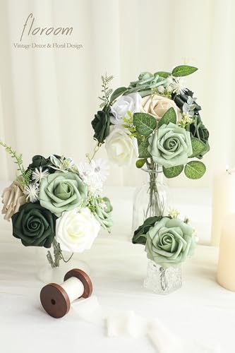 Artificial Flowers 50pcs Real Looking Elf Green Foam Fake Roses with Stems for DIY Wedding Bouquets Bridal Shower Centerpieces Sage Green Floral Arrangements Home Decorations (50 Count)