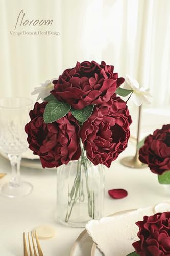 Artificial Flowers 16pcs 4" Burgundy Blooming Peonies Real Looking Foam Fake Peony with Stems for DIY Wedding Bouquets Dark Red Bridal Shower Centerpieces Floral Arrangements Tables Decoration (24 Count)