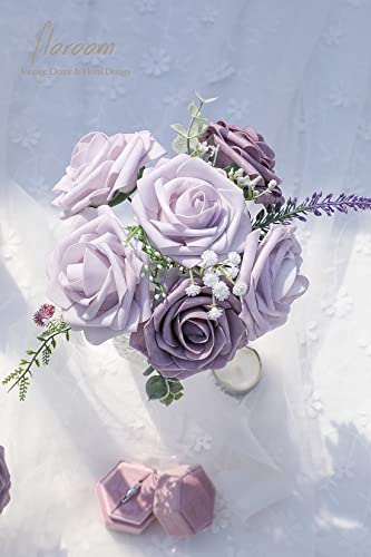 Artificial Flowers 25pcs Real Looking Lavender African Violet Purple Foam Fake Roses with Stems for DIY Wedding Bouquets Bridal Shower Centerpieces Floral Arrangements Party Tables Decorations (25 Count)