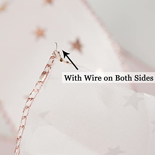 Pink Star Wired Ribbon 2.5 Inch Rose Gold Star Ribbon Wired 25 Yards Roll Pink Wedding Ribbons Stars Christmas Ribbons for Crafts (75 Foot)