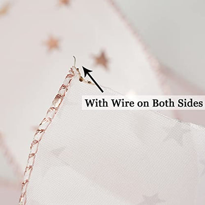 Pink Star Wired Ribbon 2.5 Inch Rose Gold Star Ribbon Wired 25 Yards Roll Pink Wedding Ribbons Stars Christmas Ribbons for Crafts (75 Foot)