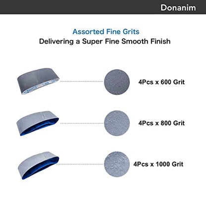 12 Pack 3 x 21 Inch Sanding Belts 600 800 1000 Grit Silicon Carbide