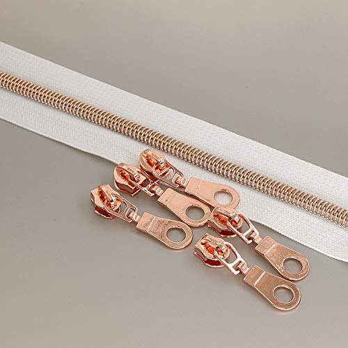 5 Rose Gold Metallic Nylon Coil Zippers by The Yard Bulk 10 Yards White Tape with 25pcs Rose Gold Sliders for DIY Sewing Tailor Craft Bag