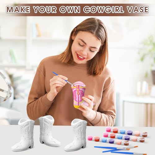 6 Set Cowboy Boot Vase Ceramics to Paint Ready to Paint Your Own Ceramic Cowgirl Hat Vase DIY Unpainted Plaster Paintable Kit Crafts with Brush Palette for Adults (6 Count)