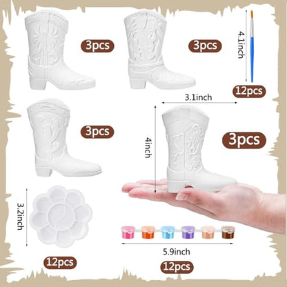 12 Set Cowboy Plaster Boot Vases Ceramics to Paint Ready to Paint DIY Unpainted Plaster Paintable Kit Contains Four Different Styles of Vases with Brush Palette for Adults (12 Count)