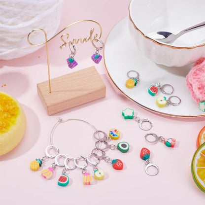 1 Box 40Pcs Stitch Markers Locking Crocheting Markers Knitting Fruit Polymer Clay Beads Removable Clip on Charm Leverback Clasps Crochet Stitch Marker for Yarns Knit Crocheting Sewing Adult (40 Count)