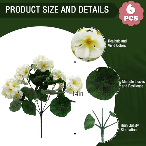 6 Pcs Artificial Geranium Flowers for Outdoors Geranium Silk Flowers Outdoor UV Resistant Garden Plants Faux Flowers for Home Kitchen Table Centerpieces Decor