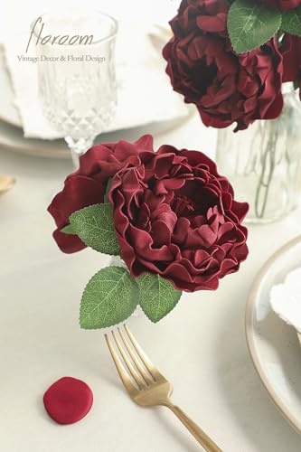 Artificial Flowers 16pcs 4" Burgundy Blooming Peonies Real Looking Foam Fake Peony with Stems for DIY Wedding Bouquets Dark Red Bridal Shower Centerpieces Floral Arrangements Tables Decoration (24 Count)