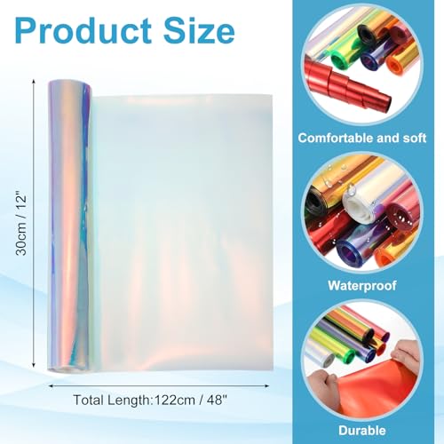 Holographic Clear PVC Vinyl Film Holographic PVC Fabric Waterproof Dichroic Film 12 x 48 Inch for Handbags Bows Earrings DIY Craft