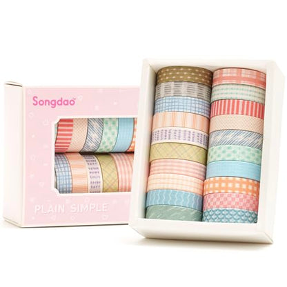 20 Rolls Basic Washi Tape Set Japanese Arts Adhesive Tapes Simple Patterns Decorative Masking Tape Sets for Craft (20 Count)