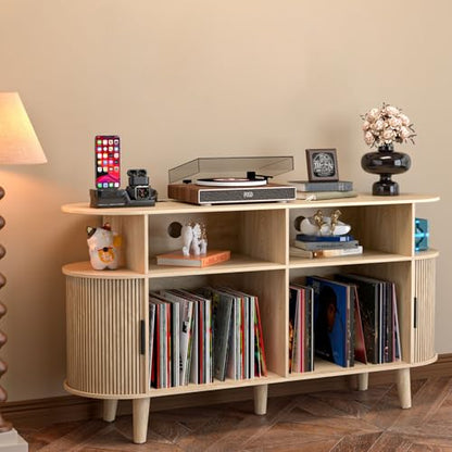 Large Round Record Player Stand with Charging Station & USB Ports