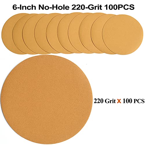 6-Inch No-Hole Hook and Loop Gold Sanding Discs 220-Grit, 100-Pack (100 Count)