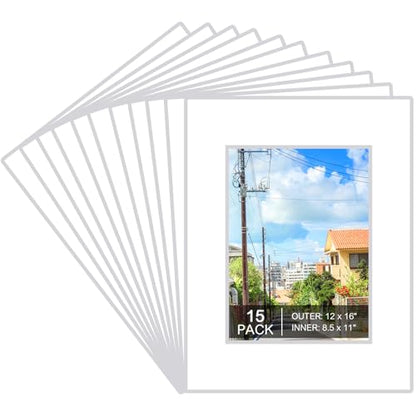 15 Pack White Picture Mats 12x16 for 8.5x11 Photos