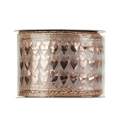 2.5 Inch Rose Gold Heart Wired Ribbon 25 Yards Pink Sheer Ribbons with Hearts Roll Pink Organza Wedding Ribbons Heart Ribbon for Crafts (75 Foot)