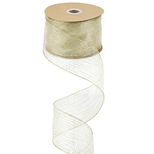 Glitter Gold Wired Ribbon 2.5 Inch Horizontal Stripes Glitter Polka Dot Christmas Ribbon Organza Sheer Ribbons 25 Yards Gold Glitter Ribbons for Christmas Tree (75 Foot)