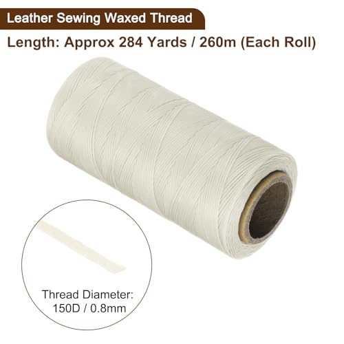 150D 0.8mm Flat Waxed Thread 284 Yards Polyester Leather Sewing Waxed String Hand Stitching Waxed Cord for Leather Stitching Sewing Bookbinding DIY Craft Creamy White