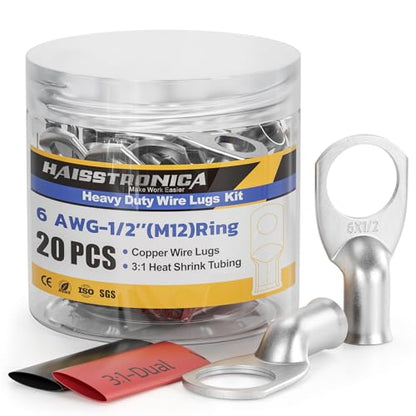 20PCS Battery Cable Lug & Heat Shrink Kit 6 AWG 1 (10 Count)