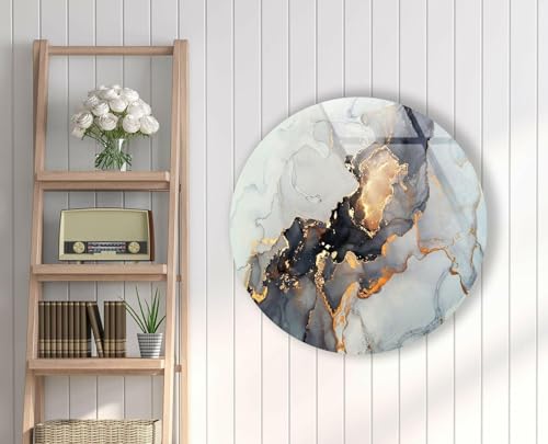 15.8''(40cm) Diameter Gold Details Gray Marble Round Glass Wall Art Tempered Glass Printing Wall Decor Large Wall Art Wall Hangings