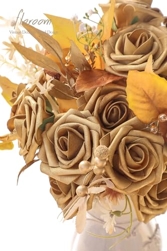 Artificial Flowers 25pcs Real Looking Antique Gold Foam Fake Roses with Stems for DIY Wedding Bouquets Bridal Shower Centerpieces Floral Arrangements Party Tables Home Decorations (25 Count)