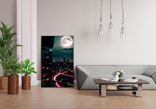 Moon And City Glass Wall Art Painting for Living Room