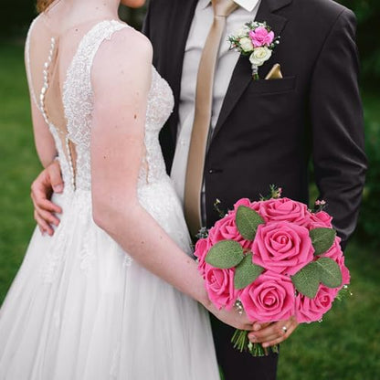 Hot Pink Rose 25pcs Real Looking Artificial Flowers w