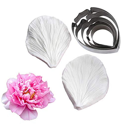 5pcs Stainless Steel Peony Cutter 2pcs Fondant Silicone Mold Gumpaste Peony Sugarcraft Flower Veining Mold Veiner Petal Making Tool