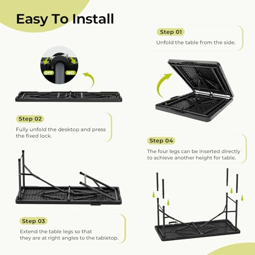 4Ft Folding Table Portable for Indoor Outdoor Wood Grain Black