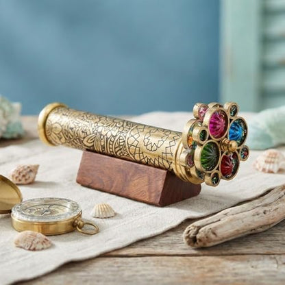 Handcrafted Etched Floral Pattern Lacquered Brass Kaleidoscope Includes Two Separate Turning Wheels