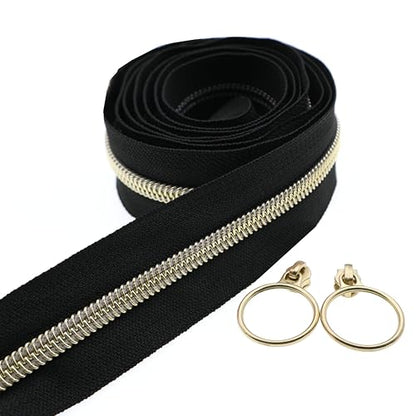 5 Metallic Nylon Coil Zippers by The Yard Bulk 10 Yards Black Zipper Tape with 25pcs Gold Ring Pull Sliders for DIY Sewing Tailor Craft Bag