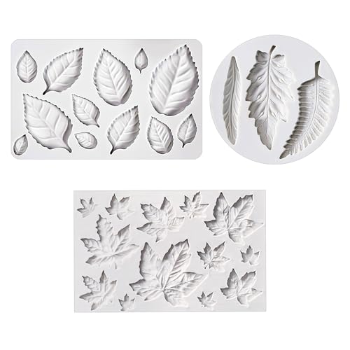 3pcs Leaf Fondant Mold Rose Leaves 3D Leaf Silicone Mold for Chocolate Candy Maple Leaf Sugar Craft Cake Decoration (3 Count)