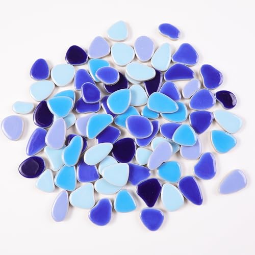 454g (1 LB) Bulk Mosaic Tiles for Crafts Mini Pebbles Ceramic Tile for Crafts Mosaic Supplies, Petal Irregular Broken Tiles for Mosaics Making Art Craft Blue Blue Mix (OP200) (220 Count)