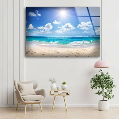 43Wx27H'' Summer Beach Landscape Glass Wall ArtTempered Glass Printing Wall Decor Large Wall Art Wall Hangings