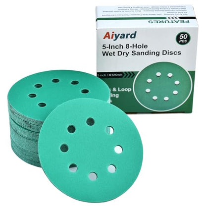 5-Inch 8-Hole Wet Dry Sanding Discs 180 Grit Sandpaper, 50-Pack (50 Count)