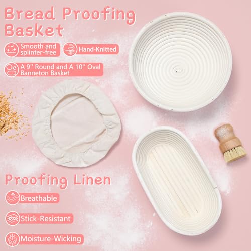 Pink Sourdough Starter Kit with Banneton Bread Proofing Basket and Jar (2 Count)