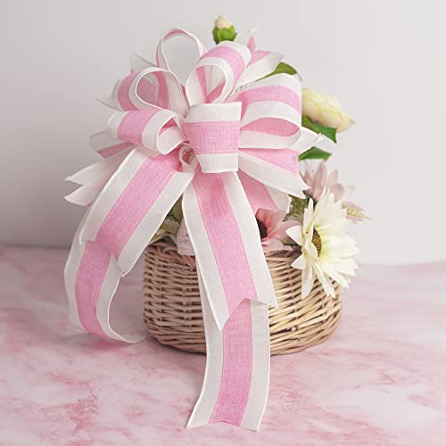 Pink White Stripe Wired Burlap Ribbon with Ivory Stripes Edge (30 Foot)