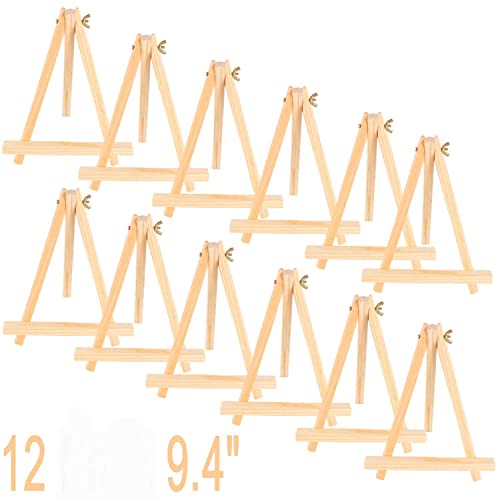 9.4" Tall Natural Pine Wood Tripod Easel Photo Painting Display Portable Tripod Holder Stand& Adjustable Wooden Tripod Tabletop Holder Stand for Canvas (12 Count)
