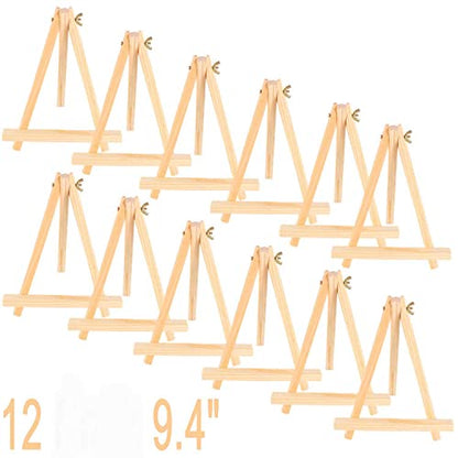 9.4" Tall Natural Pine Wood Tripod Easel Photo Painting Display Portable Tripod Holder Stand& Adjustable Wooden Tripod Tabletop Holder Stand for Canvas (12 Count)
