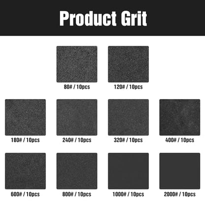 100 Pcs 5 inch Wet Dry Sanding Discs Grit 80 120 180 240 320 400 600 800 1000 2000 Hook and Loop 8 Hole Silicon Carbide Orbital Sander Sandpaper (100 Count)